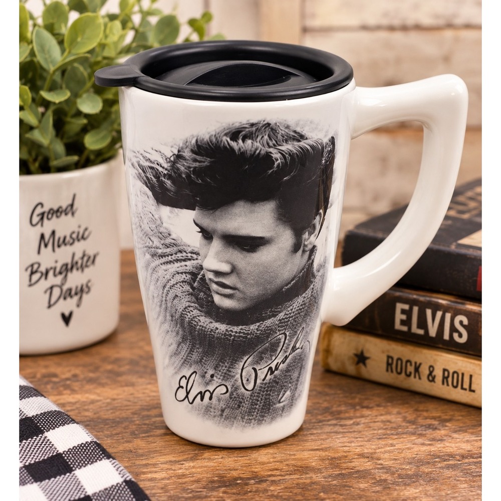 Elvis Presley Ceramic Travel Mug w/ Lid NEW IN BOX Rock & Roll Retro Collectible